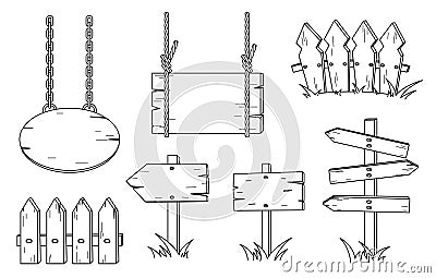 Wooden sign, pointer and fence set. Collection of empty signboard hanging on ropes and chains. Vector Illustration